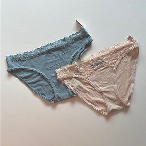 2 Victoria’s Secret Lace Trimmed Cotton Bikini Panties Blue and Cream size L